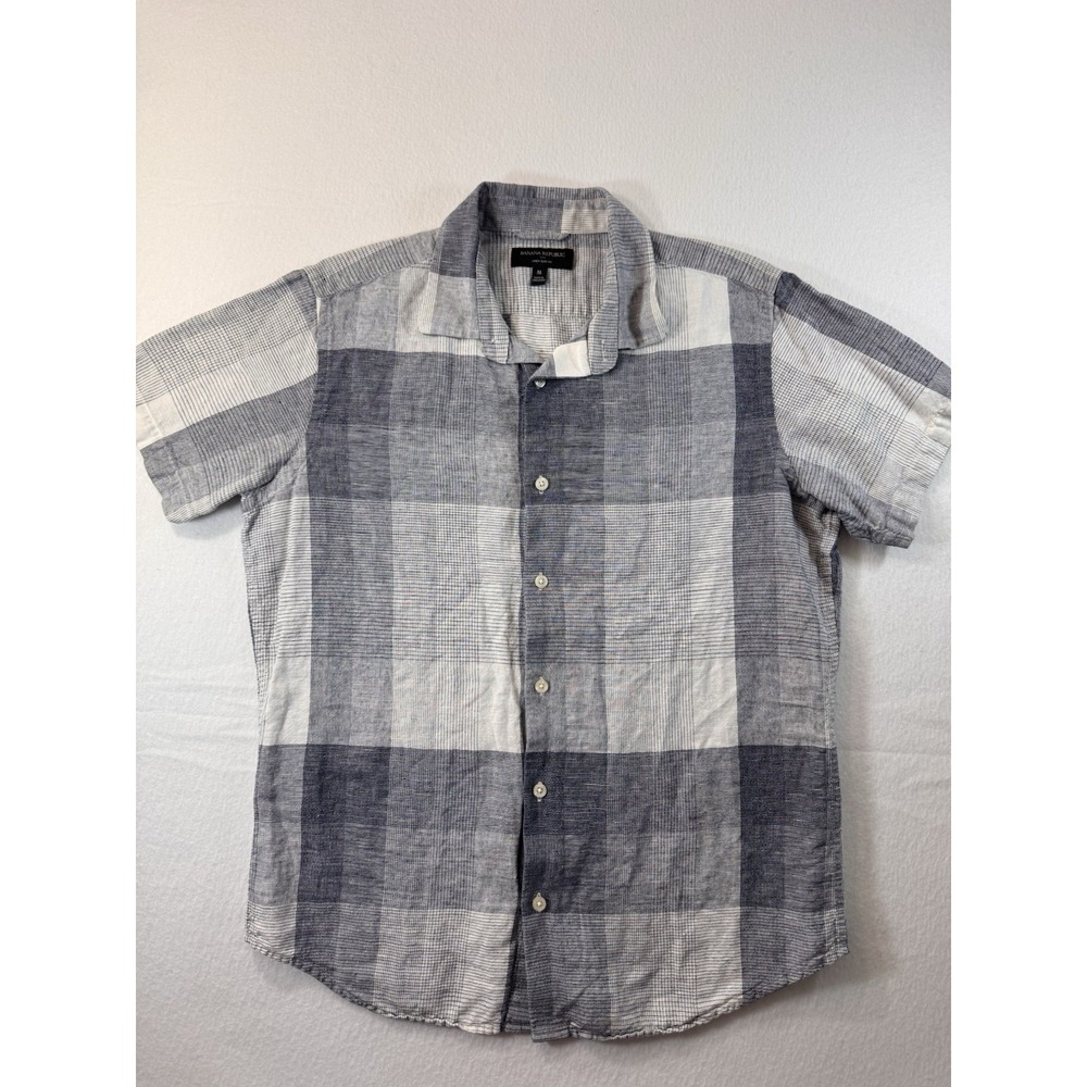 Banana Republic Mens Linen Slim Fit Medium Plaid Blue Short Sleeve Button Up EUC